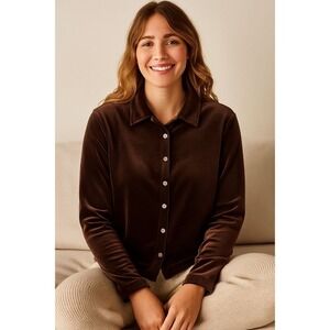 J. Jill Blouse Womens Large Stretch Velvet Button-Up Quiet Luxury Fall Vintage